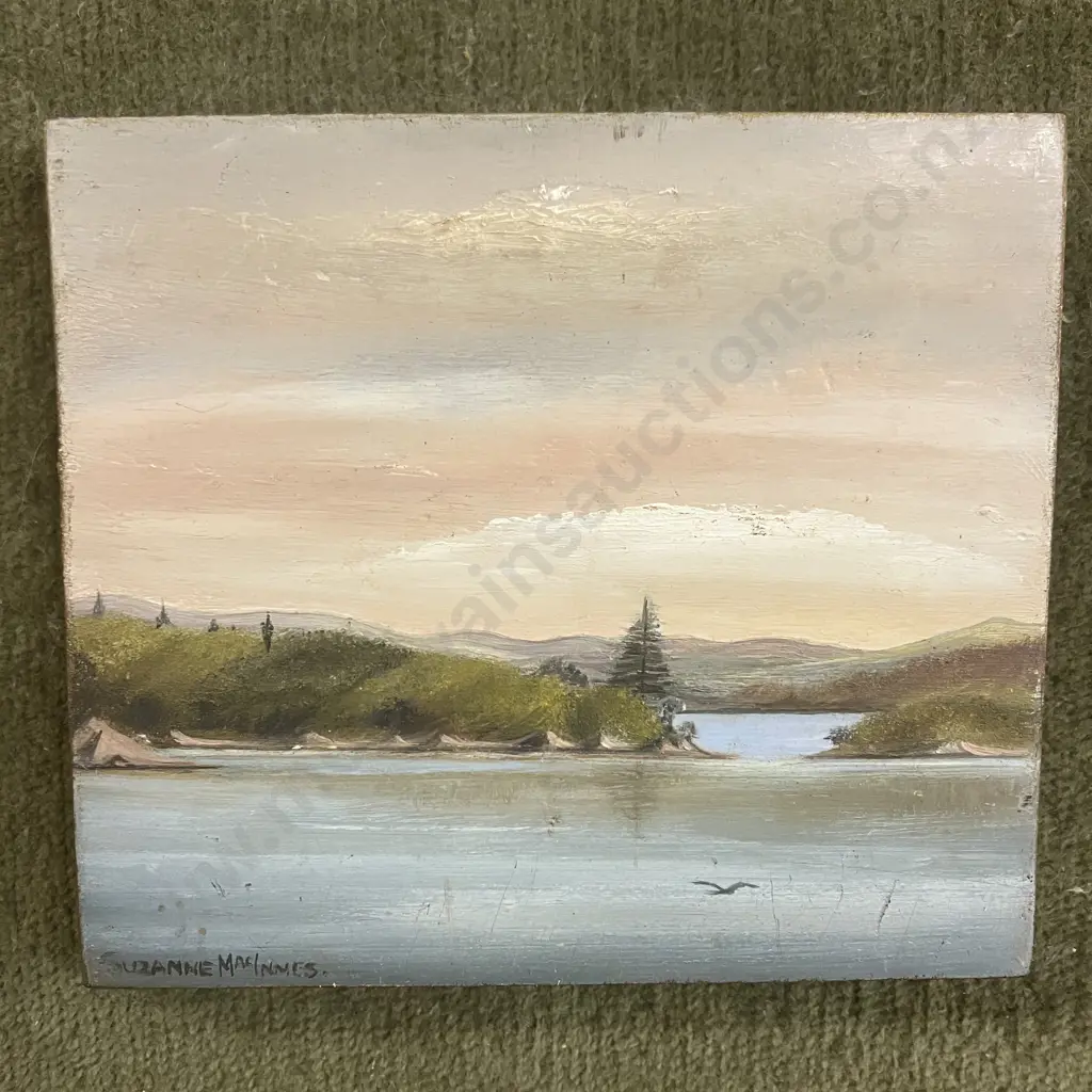 Miniature Oil on Board Painting by Suzanne MacInnes 'Te Wahapu & Nobby From the Artist's House' in Russell', 1980s Image 1++