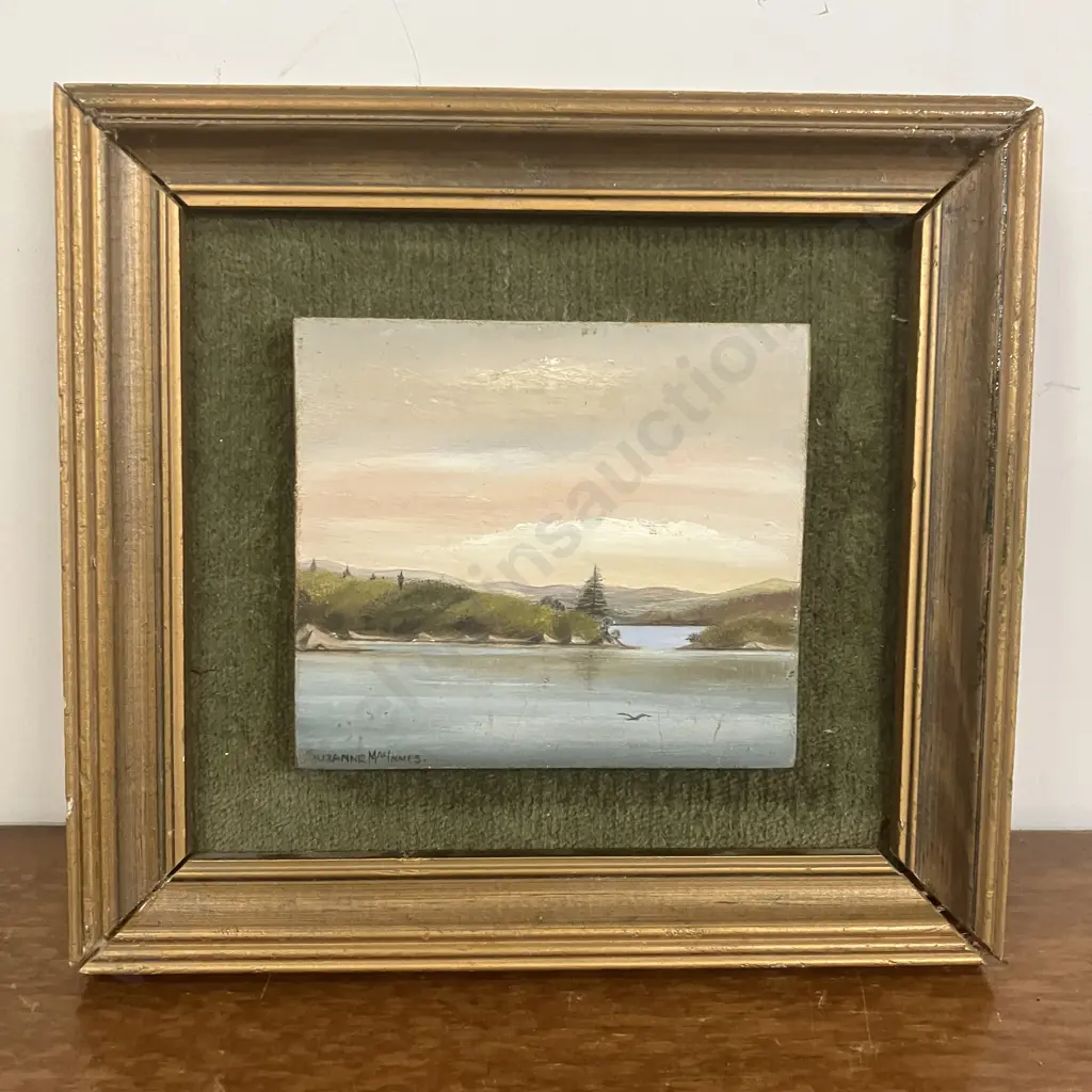 Miniature Oil on Board Painting by Suzanne MacInnes 'Te Wahapu & Nobby From the Artist's House' in Russell', 1980s Image 1++