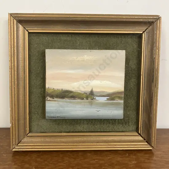 Miniature Oil on Board Painting by Suzanne MacInnes 'Te Wahapu & Nobby From the Artist's House' in Russell', 1980s