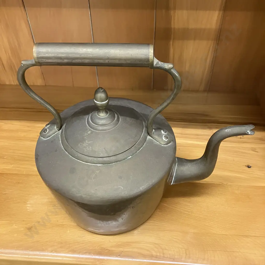 Antique Victorian Copper Kettle with Brass Finial and Gooseneck Spout. 27 x 29cm, Base Stamped Image 1++