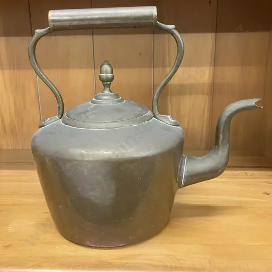 Antique Victorian Copper Kettle with Brass Finial and Gooseneck Spout. 27 x 29cm, Base Stamped