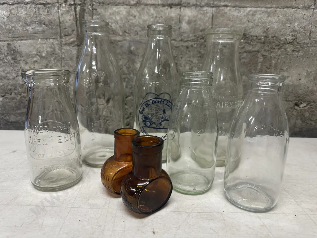 Selection Of Vintage Glass Bottles Including Milk, Cream & Brown Bovril Jars Image 1++