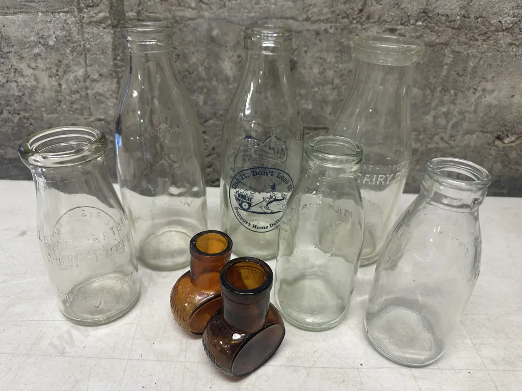Selection Of Vintage Glass Bottles Including Milk, Cream & Brown Bovril Jars Image 1++