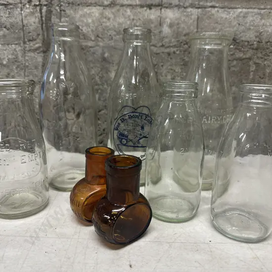 Selection Of Vintage Glass Bottles Including Milk, Cream & Brown Bovril Jars