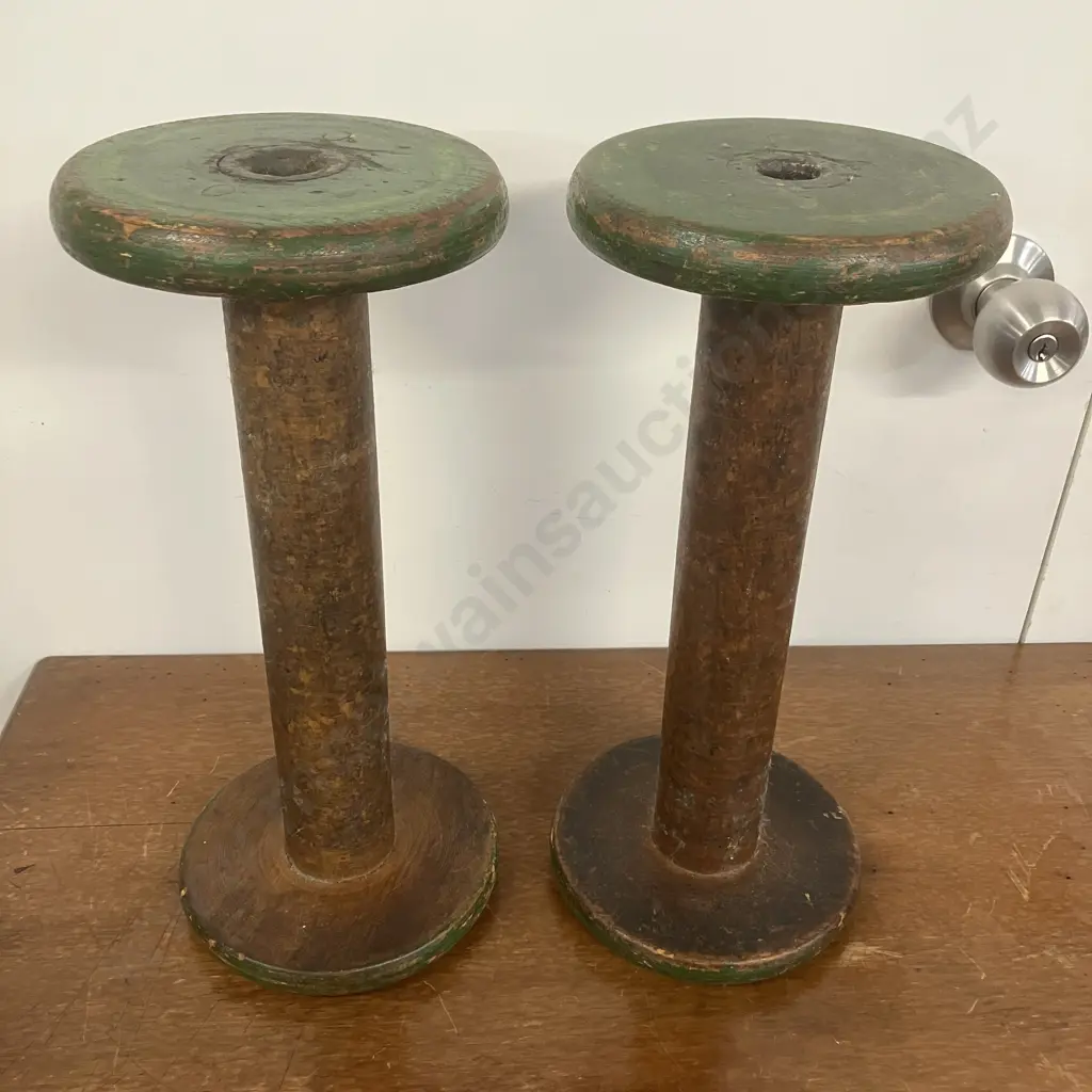 Pair of Vintage Antique Industrial Wooden Textile Spools. 34.5 x 15cm Image 1++