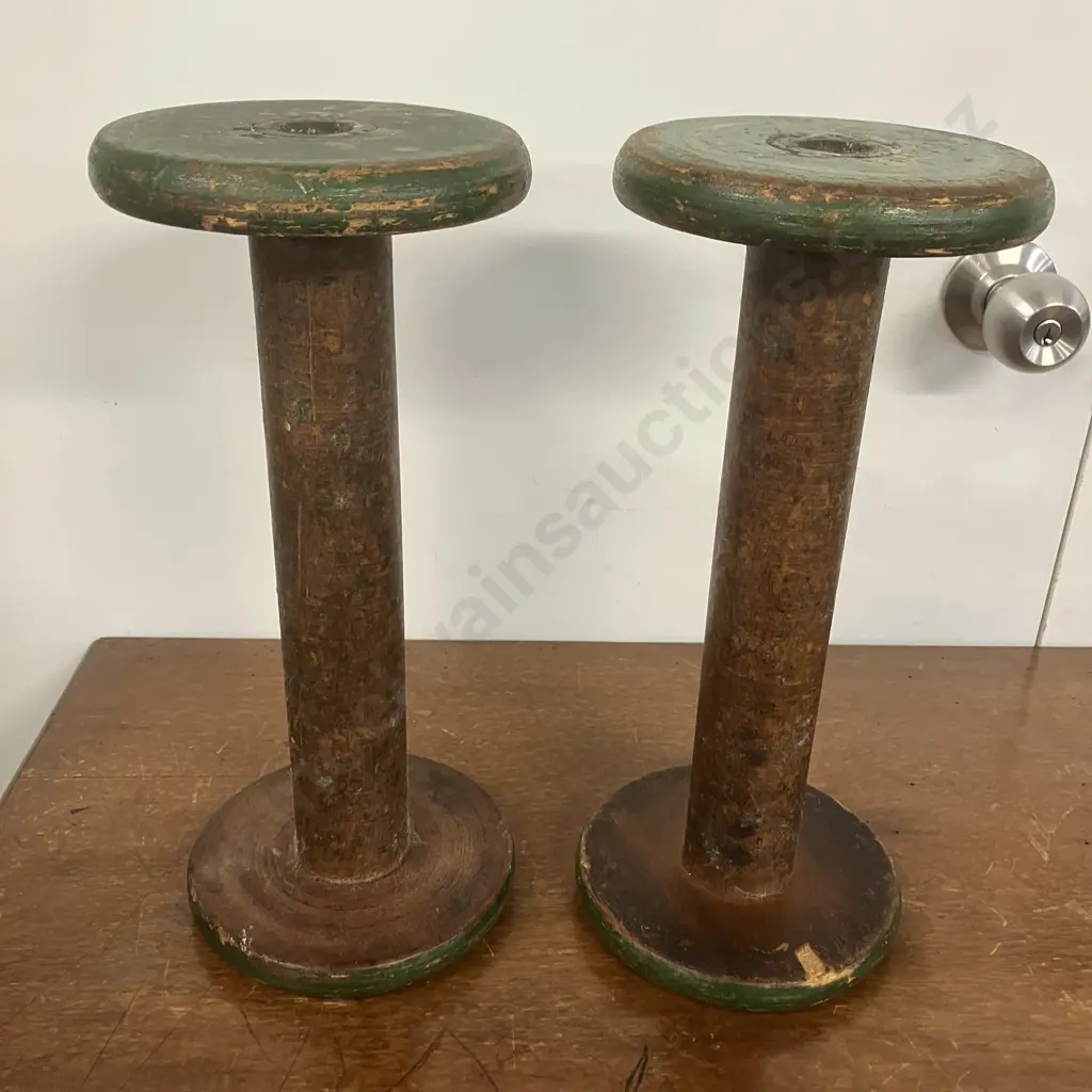 Pair of Vintage Antique Industrial Wooden Textile Spools. 34.5 x 15cm Image 1++