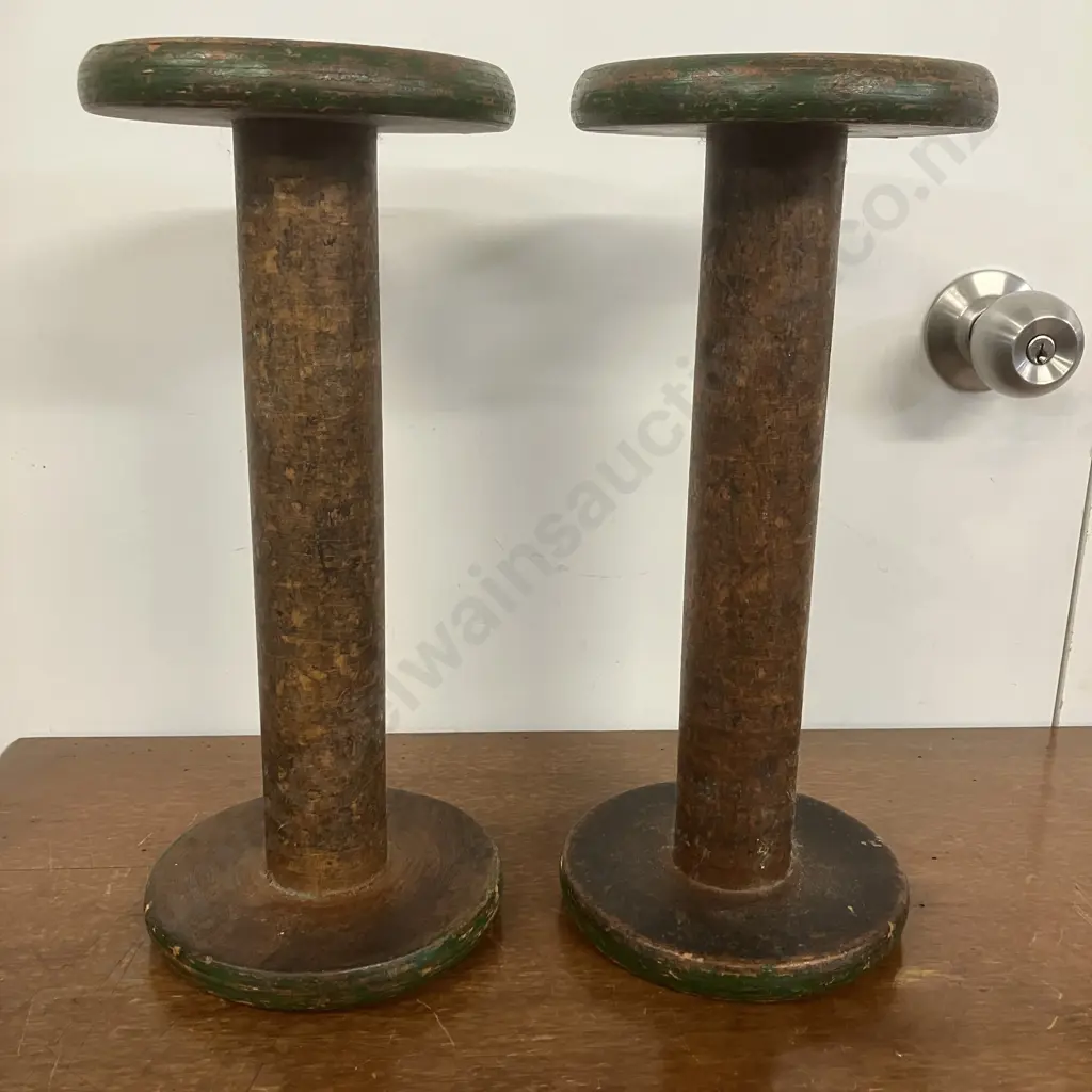 Pair of Vintage Antique Industrial Wooden Textile Spools. 34.5 x 15cm Image 1++