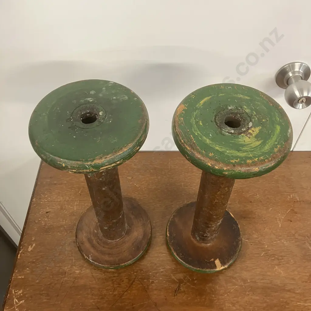 Pair of Vintage Antique Industrial Wooden Textile Spools. 34.5 x 15cm Image 1++