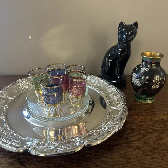 Vintage Cloisonne Vase, Silverware, Coloured Glasses Etc