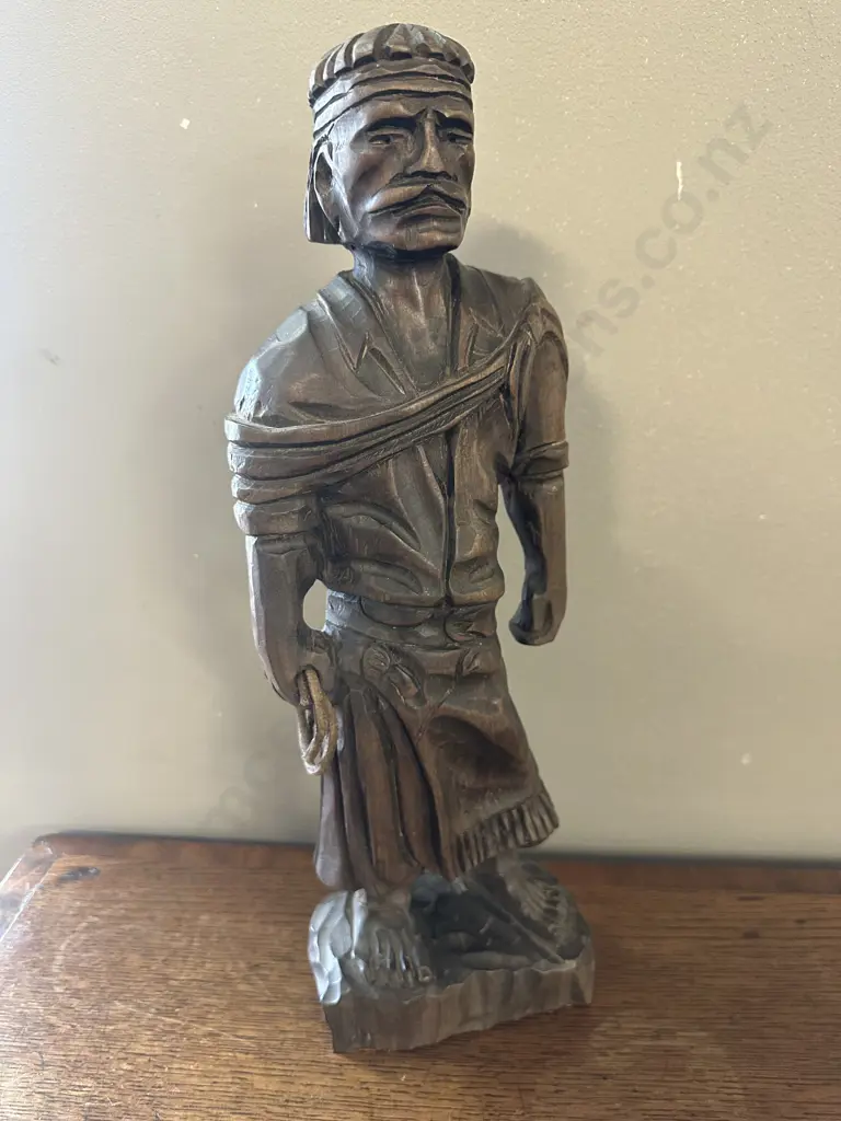 Vintage Wooden Carved Sculpture Of Man Holding A Rope Or Whip H39cm. Image 1++