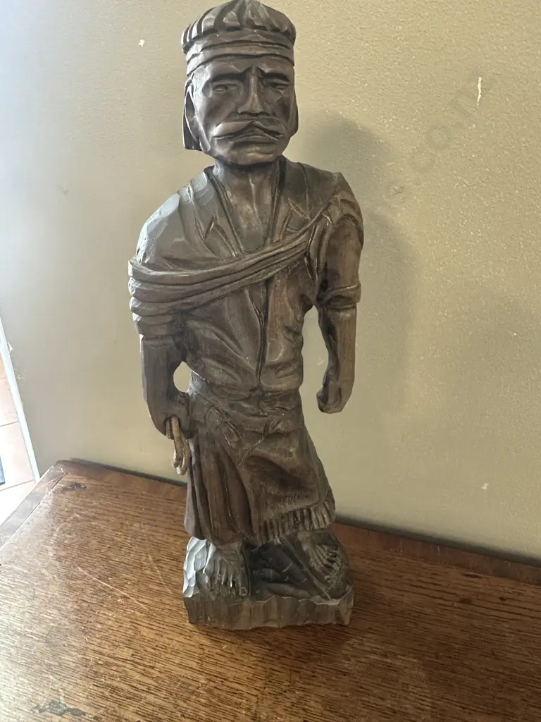Vintage Wooden Carved Sculpture Of Man Holding A Rope Or Whip H39cm. Image 1++