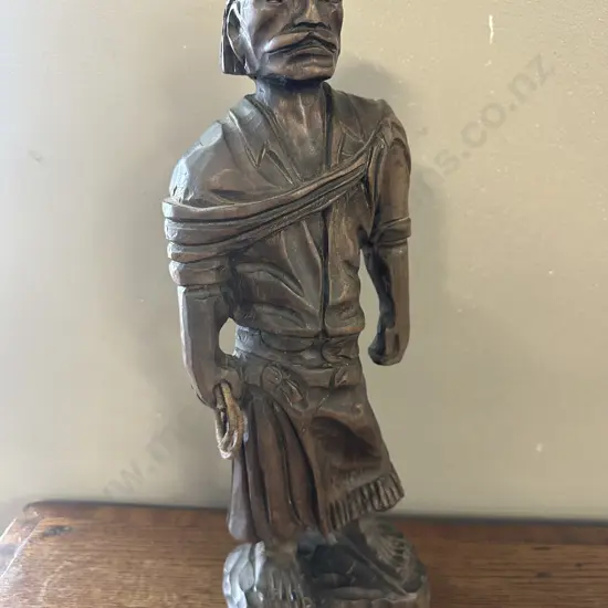 Vintage Wooden Carved Sculpture Of Man Holding A Rope Or Whip H39cm.