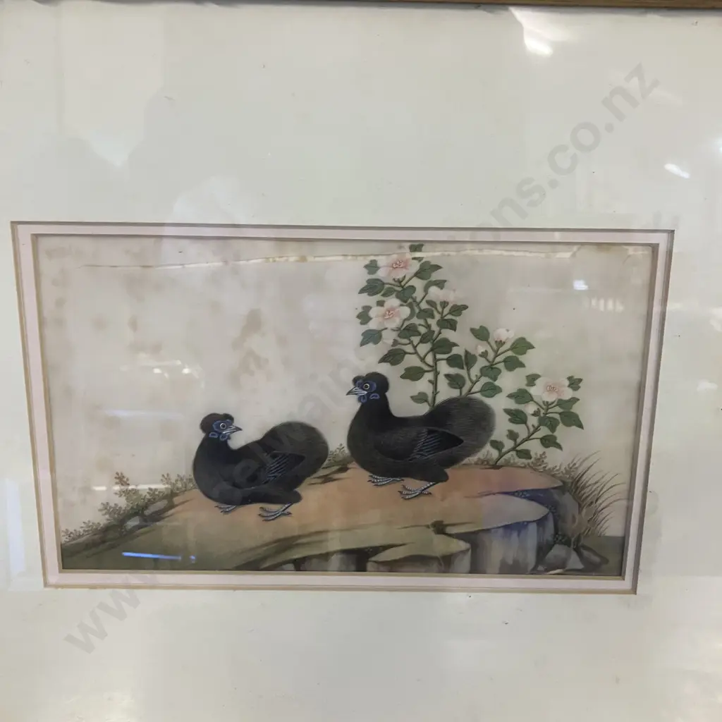 Set of Four Canton Paintings On Pith Paper - Pairs of Birds & Fauna China, Mid 19th Century? 33 x 41cm (As Found) Image 1++