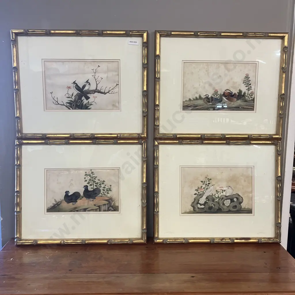 Set of Four Canton Paintings On Pith Paper - Pairs of Birds & Fauna China, Mid 19th Century? 33 x 41cm (As Found) Image 1++