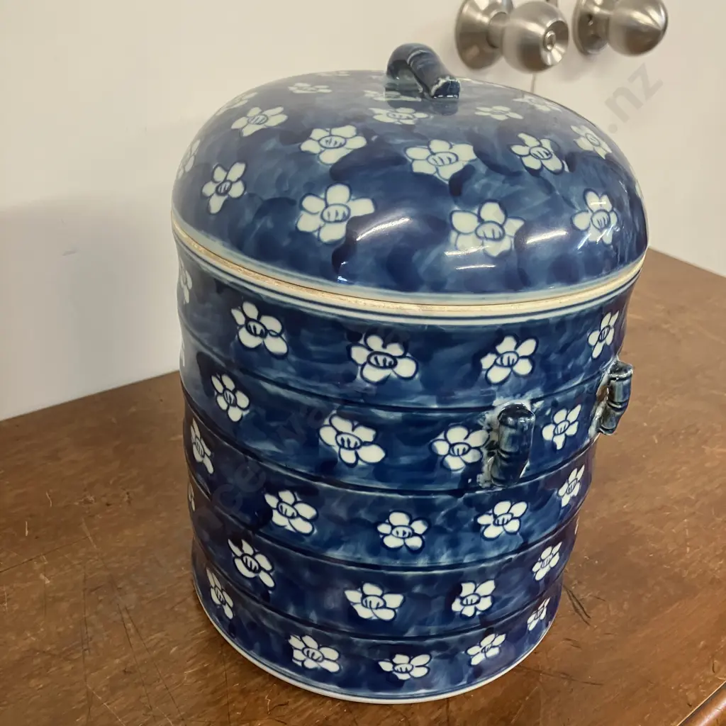 Vintage Blue And White Pot With Cherry Blossom Pattern & Lid. H26cm Image 1++