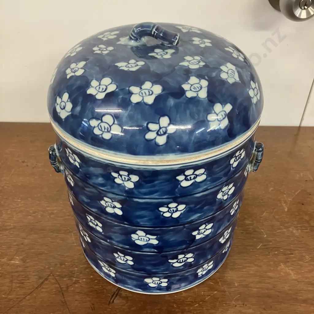 Vintage Blue And White Pot With Cherry Blossom Pattern & Lid. H26cm Image 1++