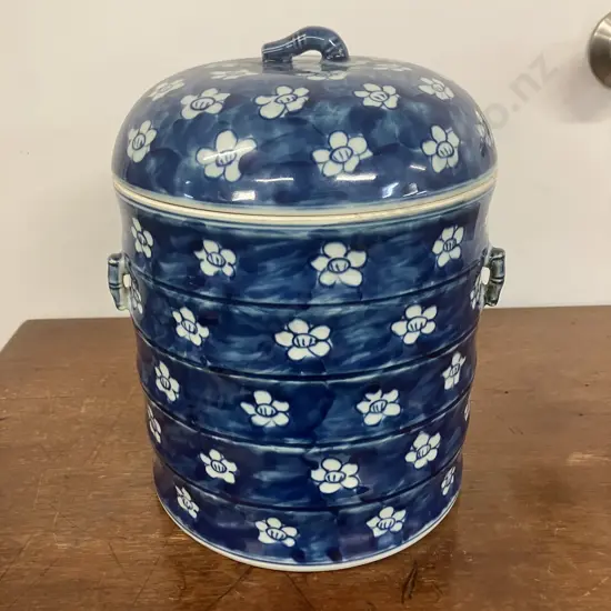 Vintage Blue And White Pot With Cherry Blossom Pattern & Lid. H26cm