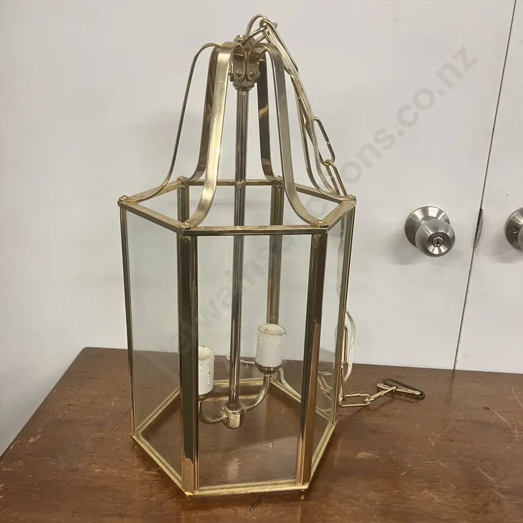 Large Neoclassical Style Hanging Lantern, Hexagonal Brass And Glass Panel. 49 x 23.5cm Image 1++