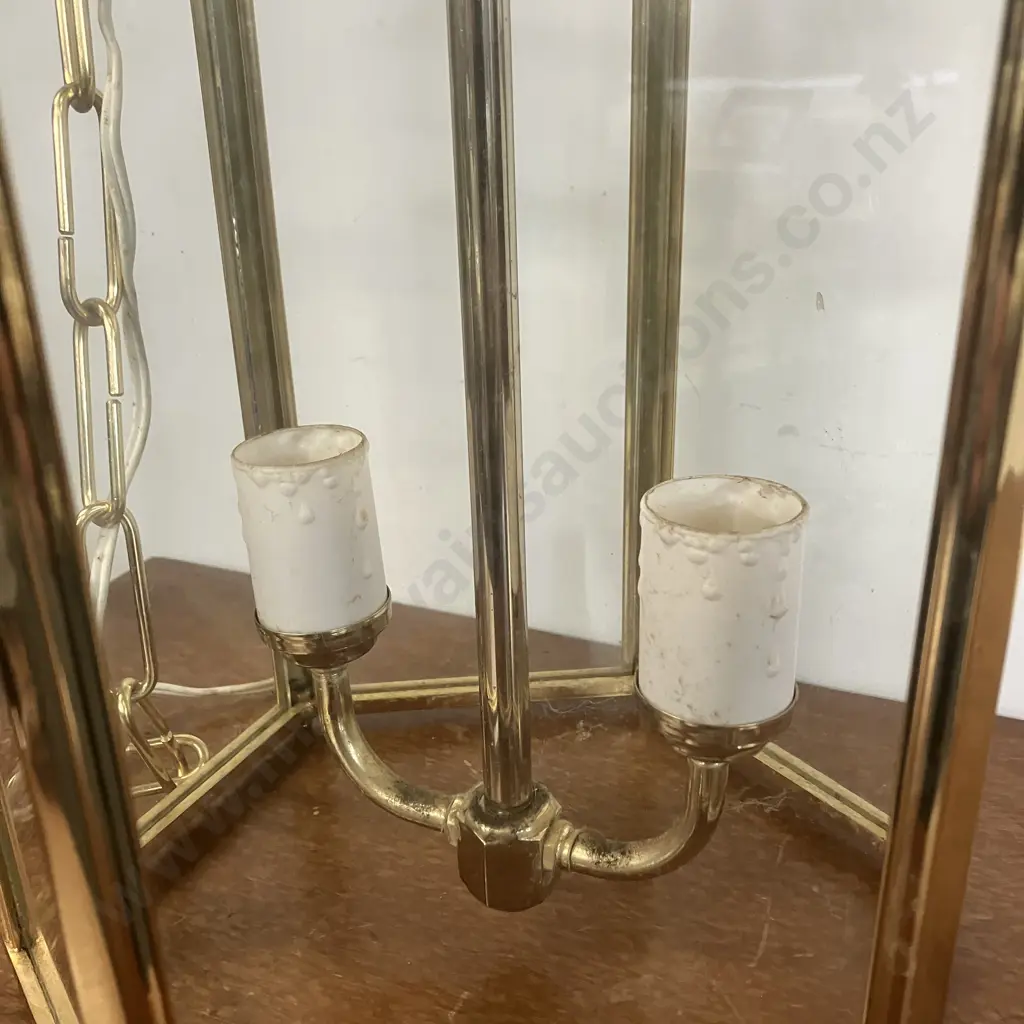 Large Neoclassical Style Hanging Lantern, Hexagonal Brass And Glass Panel. 49 x 23.5cm Image 1++