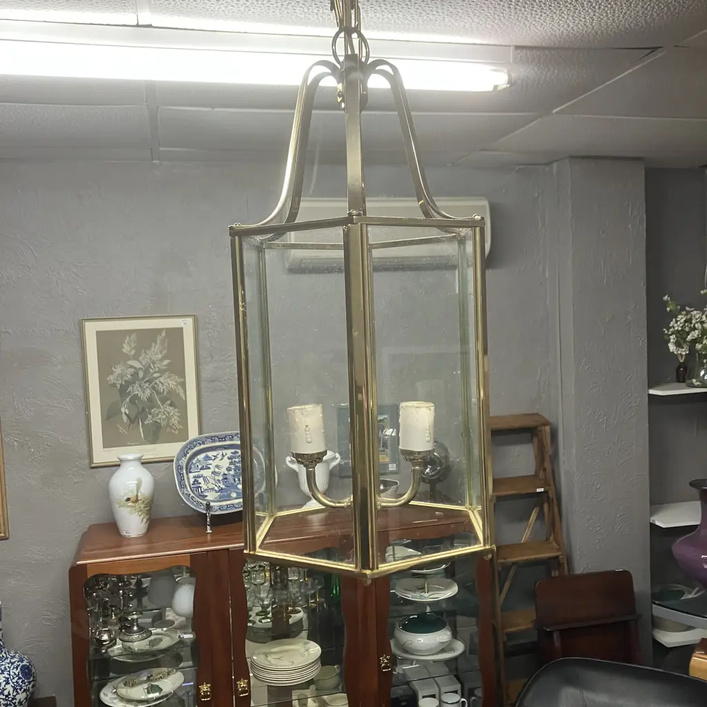 Large Neoclassical Style Hanging Lantern, Hexagonal Brass And Glass Panel. 49 x 23.5cm Image 1++
