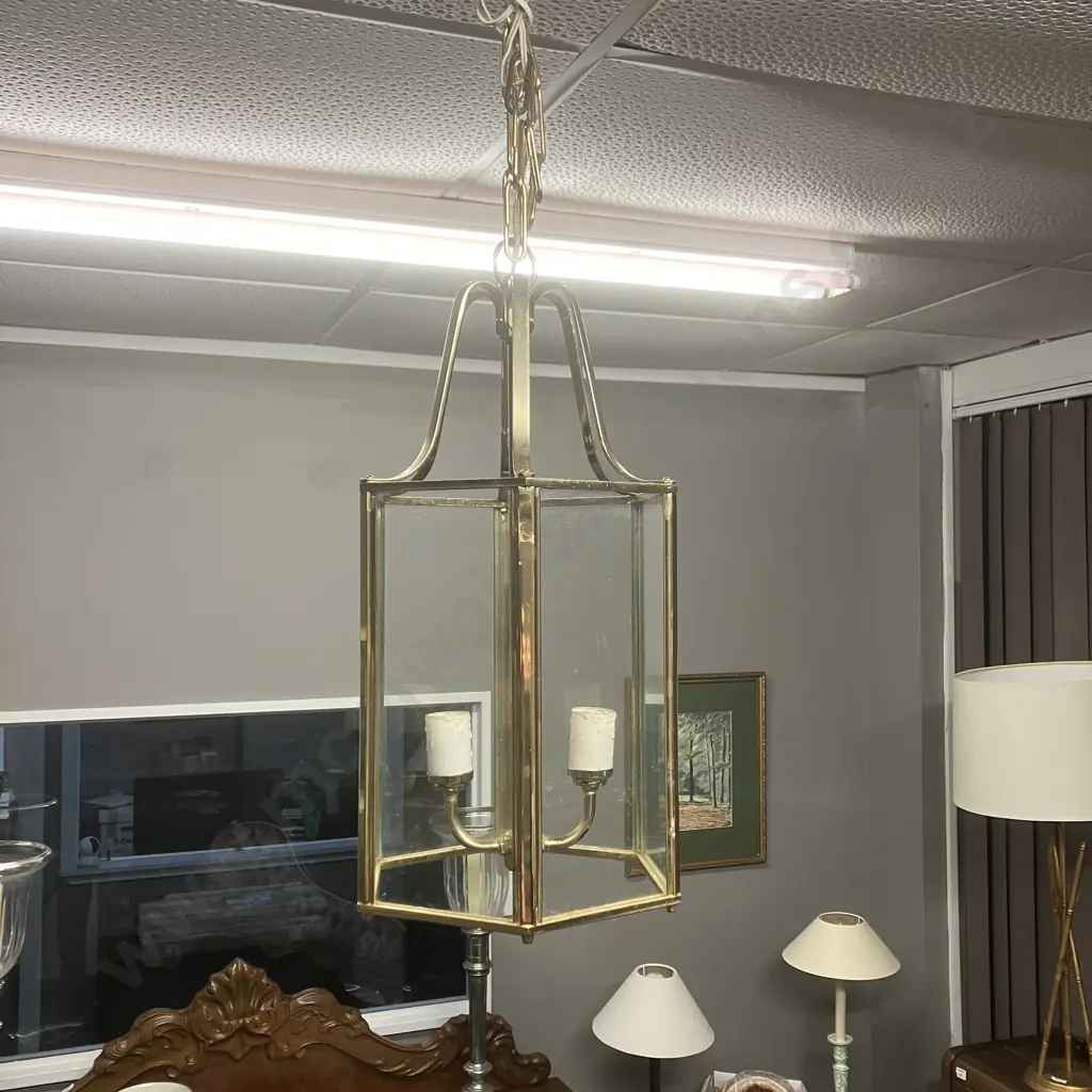 Large Neoclassical Style Hanging Lantern, Hexagonal Brass And Glass Panel. 49 x 23.5cm Image 1++