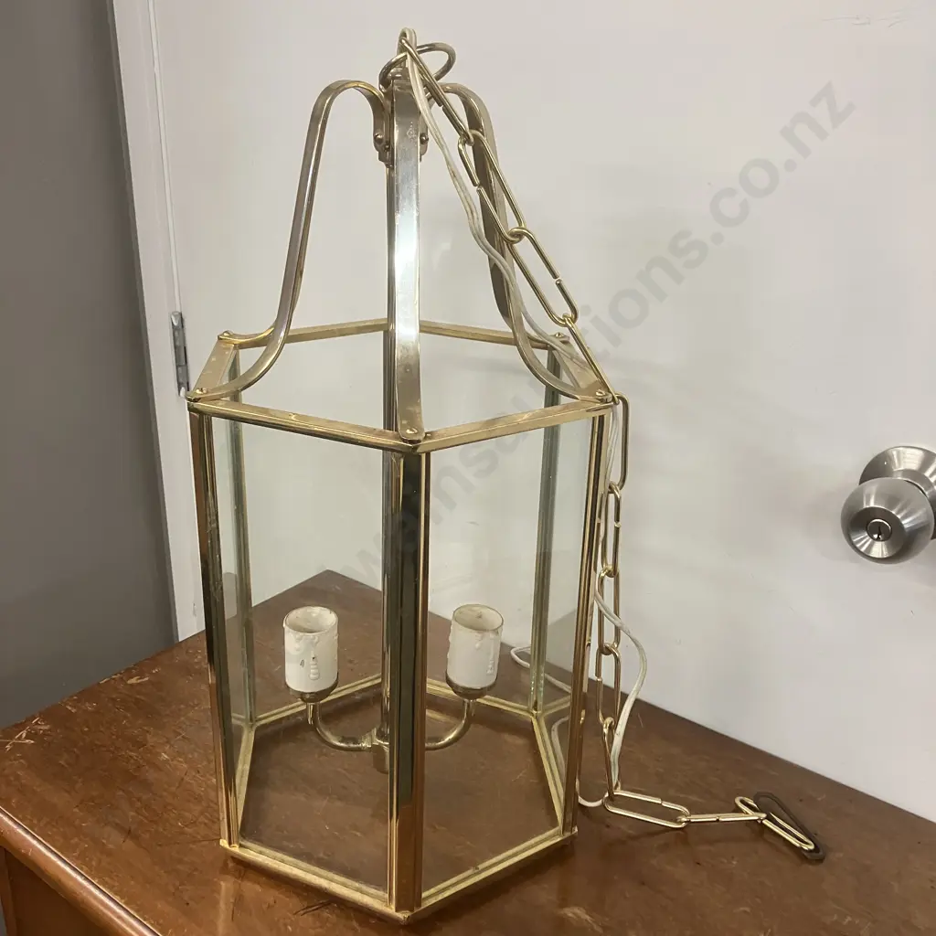 Large Neoclassical Style Hanging Lantern, Hexagonal Brass And Glass Panel. 49 x 23.5cm Image 1++