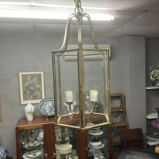 Large Neoclassical Style Hanging Lantern, Hexagonal Brass And Glass Panel. 49 x 23.5cm