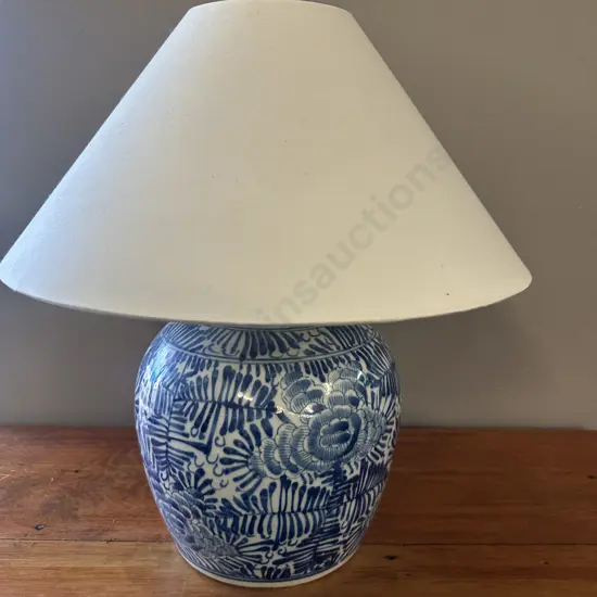 Blue & White Porcelain Table Lamp With Cream Shade H45cm.