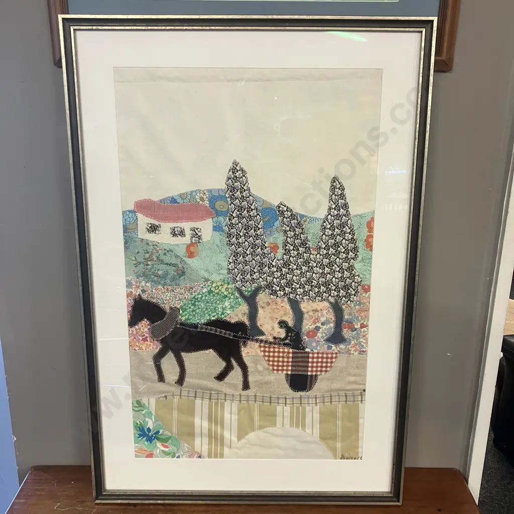 Large Framed Fabric Collage Depicting A Rural Scene With Horse & Cart Signed dboisero. 86 x 57.5cm Image 1++