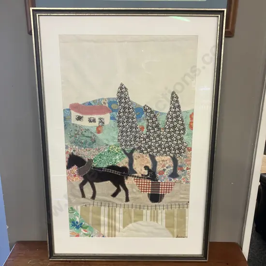 Large Framed Fabric Collage Depicting A Rural Scene With Horse & Cart Signed dboisero. 86 x 57.5cm