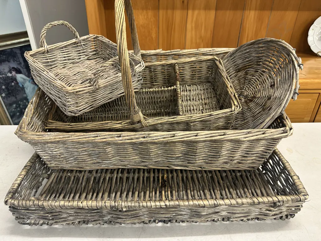 Selection Of Vintage Caneware Including Serving Tray, Utensil Carrier Etc Image 1++