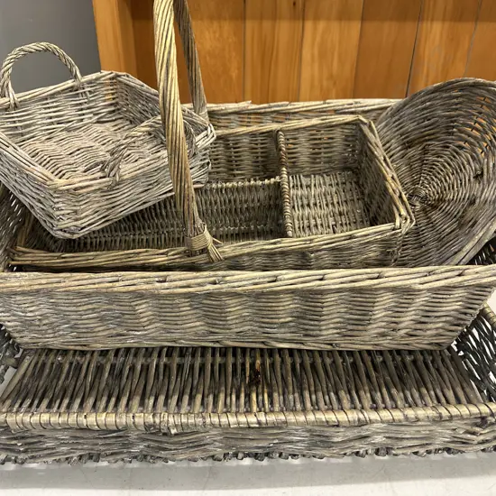 Selection Of Vintage Caneware Including Serving Tray, Utensil Carrier Etc
