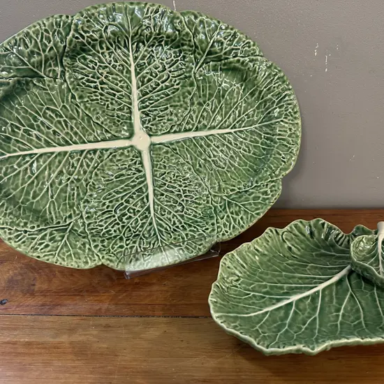 Portuguese Ceramic Bordallo Pinheiro Cabbage Oval Serving Platter & Appetiser Serving Dish (as found)