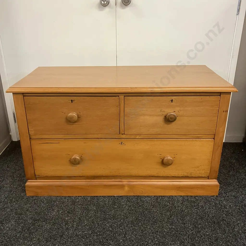 Kauri 3 Drawer Chest, Tongue & Groove Back. H66 W114 D53cm Image 1++
