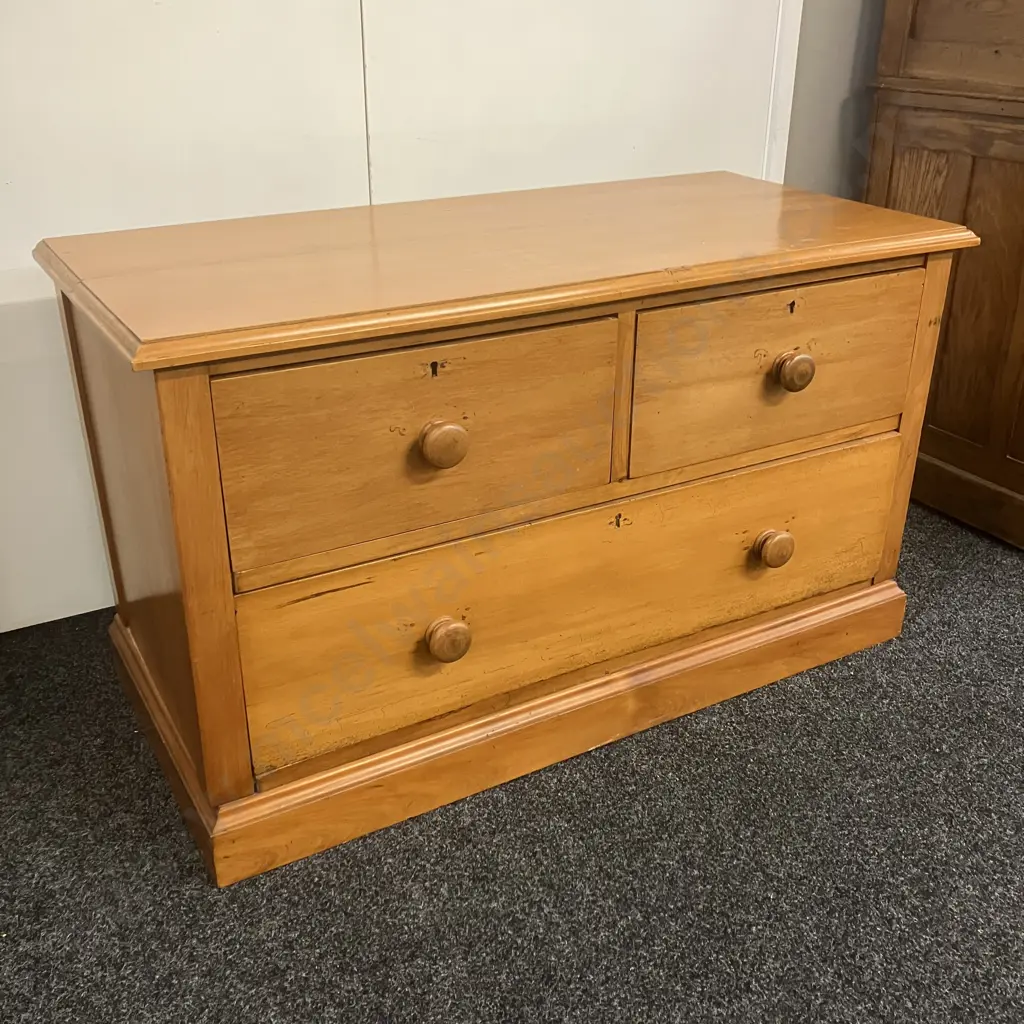 Kauri 3 Drawer Chest, Tongue & Groove Back. H66 W114 D53cm Image 1++
