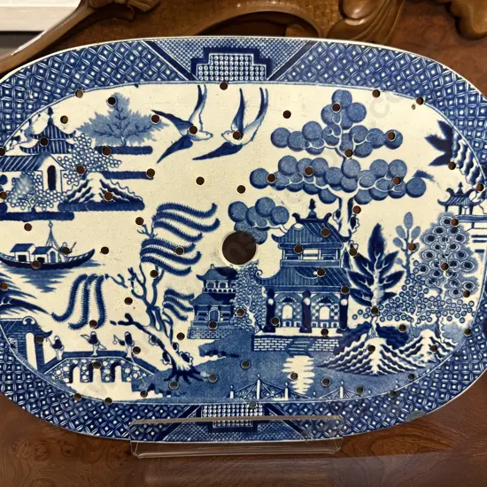 Antique 1850s Blue & White Willow Pattern Ceramic Meat Drainer H24,W34.5cm.