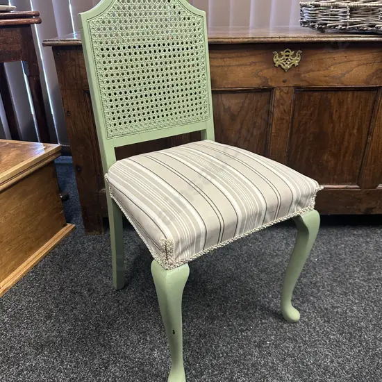 Vintage Green Painted Cane Full Bedroom Chair Striped Upholstery