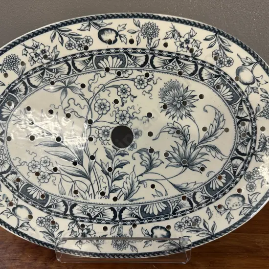 Antique Oval Blue & White Ceramic Meat Drainer H23,W32cm.