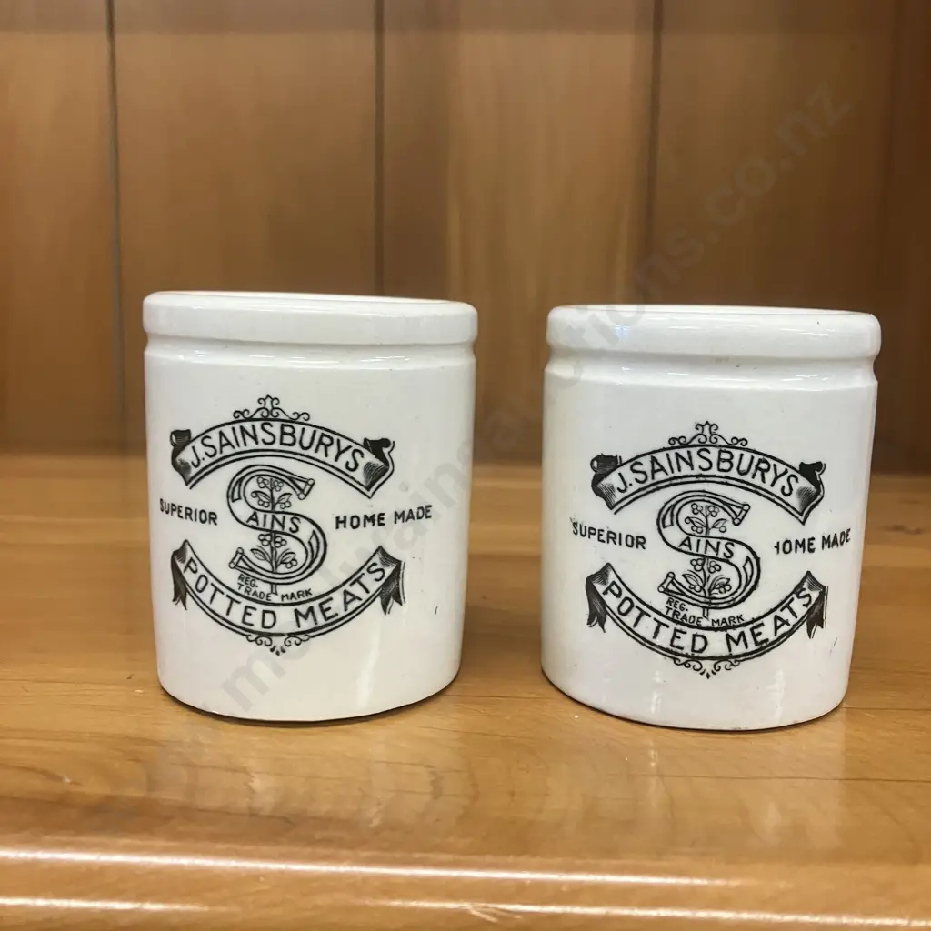 Antique Edwardian "J.Sainsburys Potted Meat" Ironstone Counter Jars. 6 x 5cm Image 1++