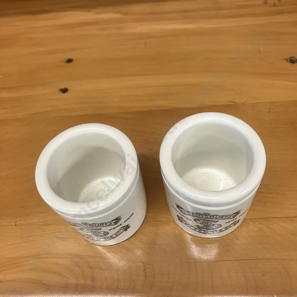 Antique Edwardian "J.Sainsburys Potted Meat" Ironstone Counter Jars. 6 x 5cm Image 1++