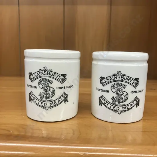 Antique Edwardian "J.Sainsburys Potted Meat" Ironstone Counter Jars. 6 x 5cm