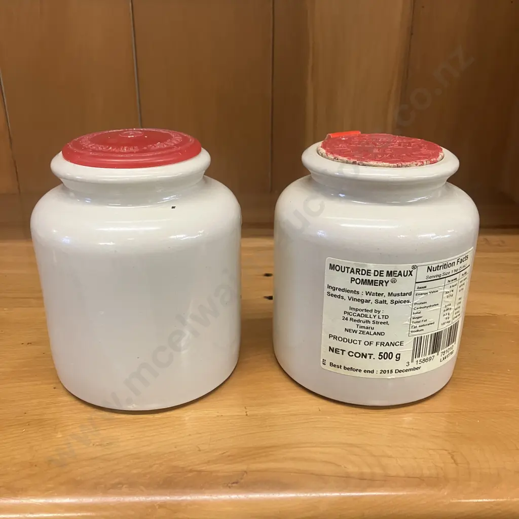 Pair of Vintage Moutarde de Meaux Pommery Mustard 17.60oz Stoneware Jars With Lids. 12 x 10cm Image 1++