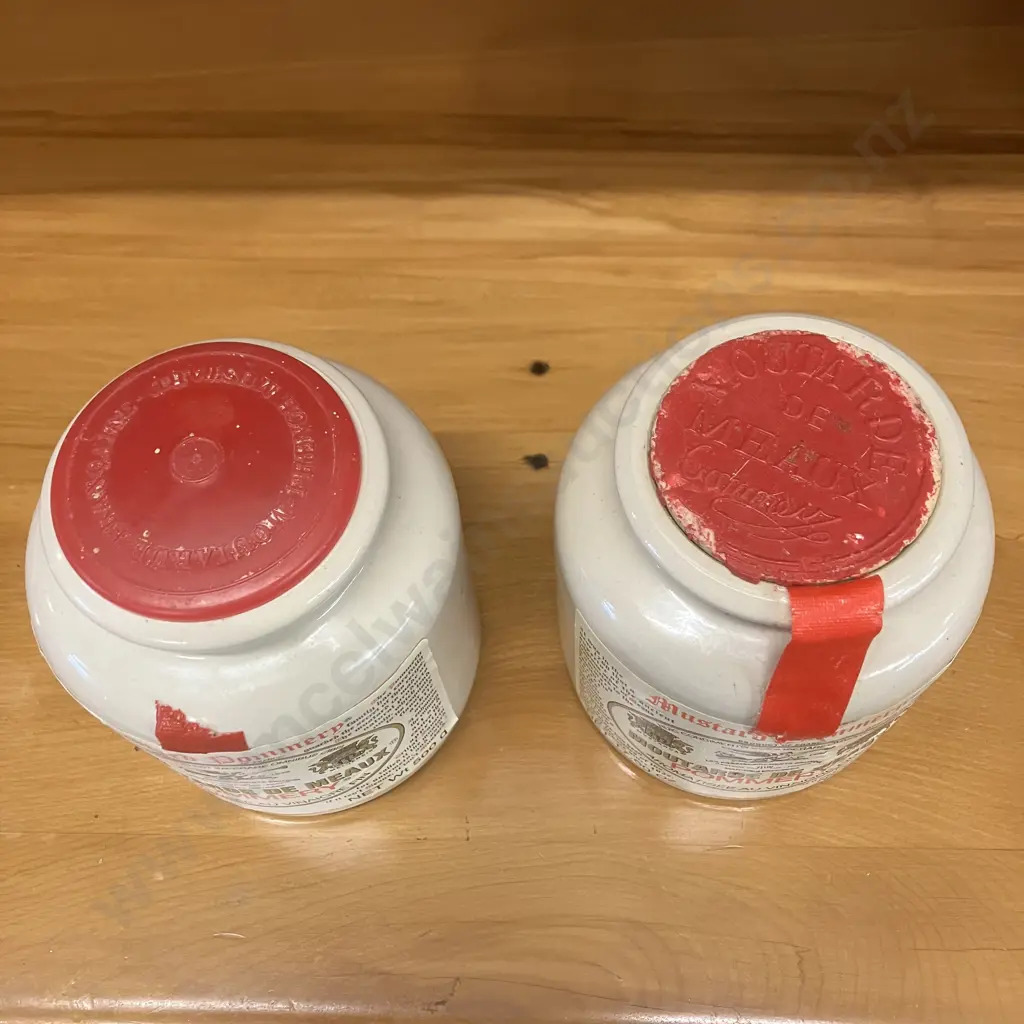 Pair of Vintage Moutarde de Meaux Pommery Mustard 17.60oz Stoneware Jars With Lids. 12 x 10cm Image 1++