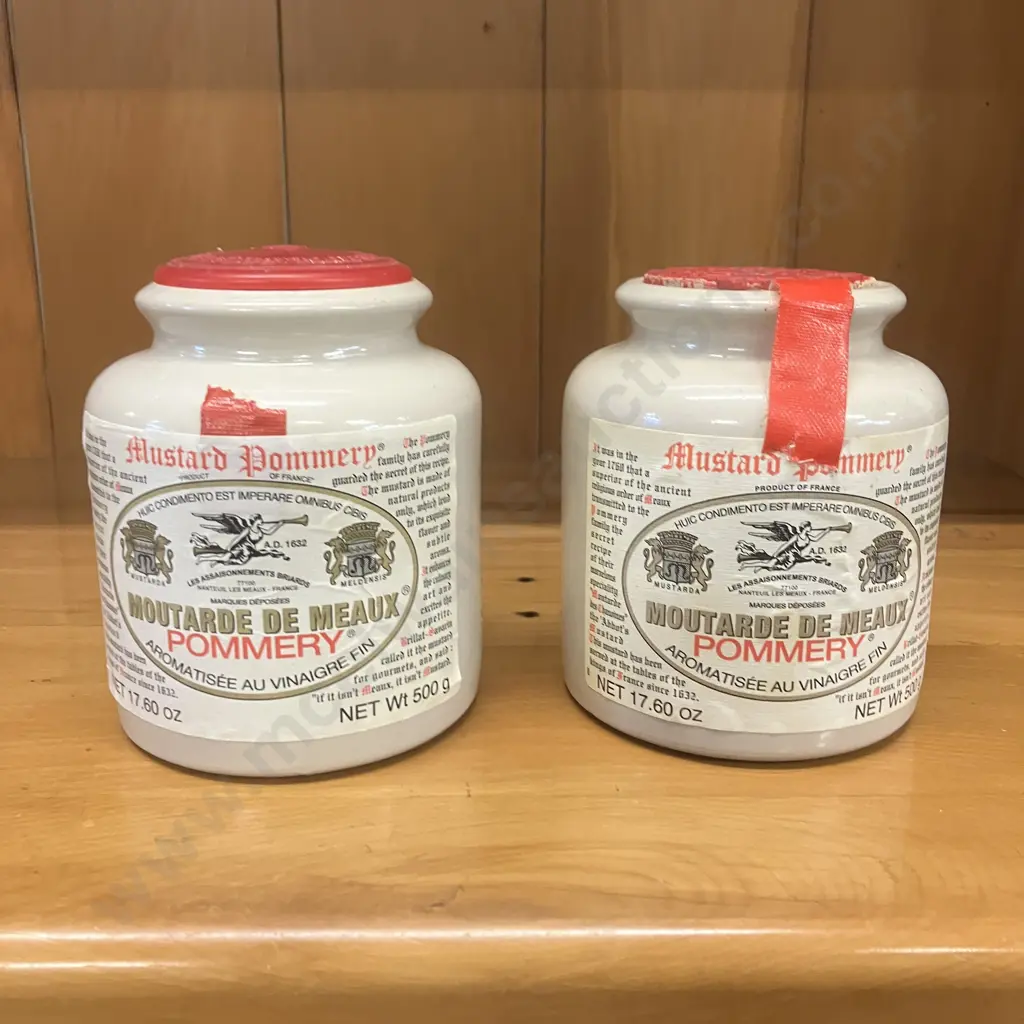Pair of Vintage Moutarde de Meaux Pommery Mustard 17.60oz Stoneware Jars With Lids. 12 x 10cm Image 1++