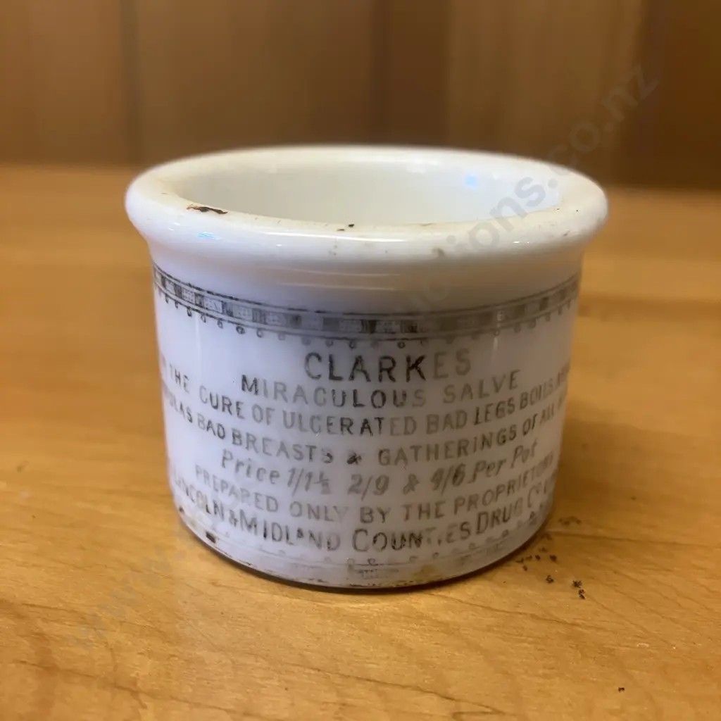 Rare Antique Mini Apothecary Pot – 'Clarke’s Miraculous Salve' English Advertising Ointment Pot Image 1++