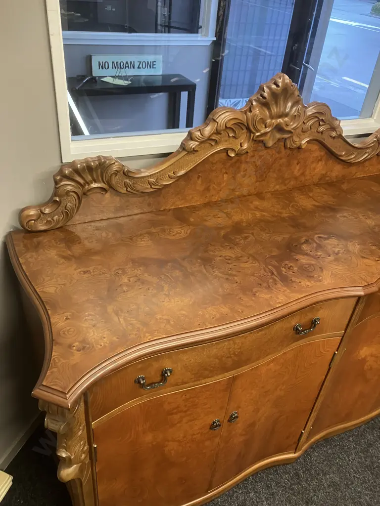 Mahogany & Burr Walnut Veneer Heavily Carved Sideboard, 2 Felt Lined Drawers, 4 Door, Davies ChCh NZ. H130 W170 D60cm Image 1++
