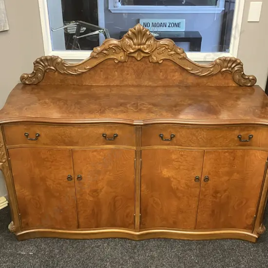 Mahogany & Burr Walnut Veneer Heavily Carved Sideboard, 2 Felt Lined Drawers, 4 Door, Davies ChCh NZ. H130 W170 D60cm