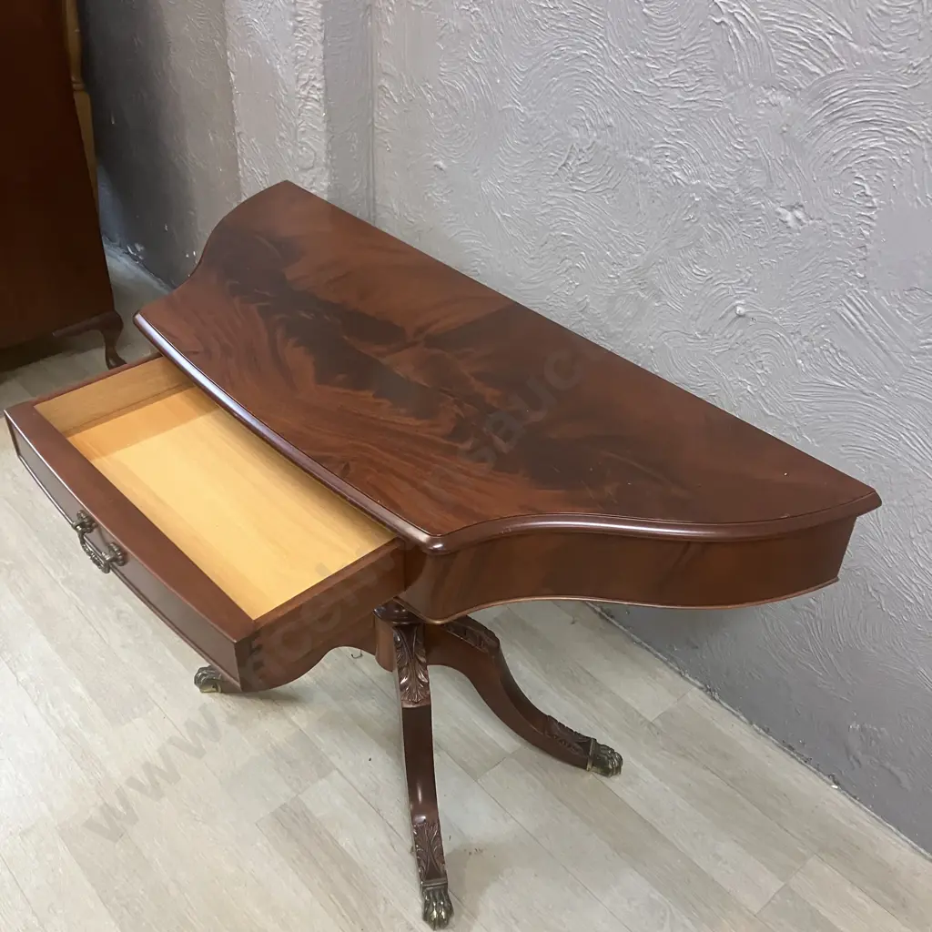 Mahogany Burr Side Table With Carved Pedestal Base & 4 Brass Claw Feet. H68 W103 D40.5cm Image 1++