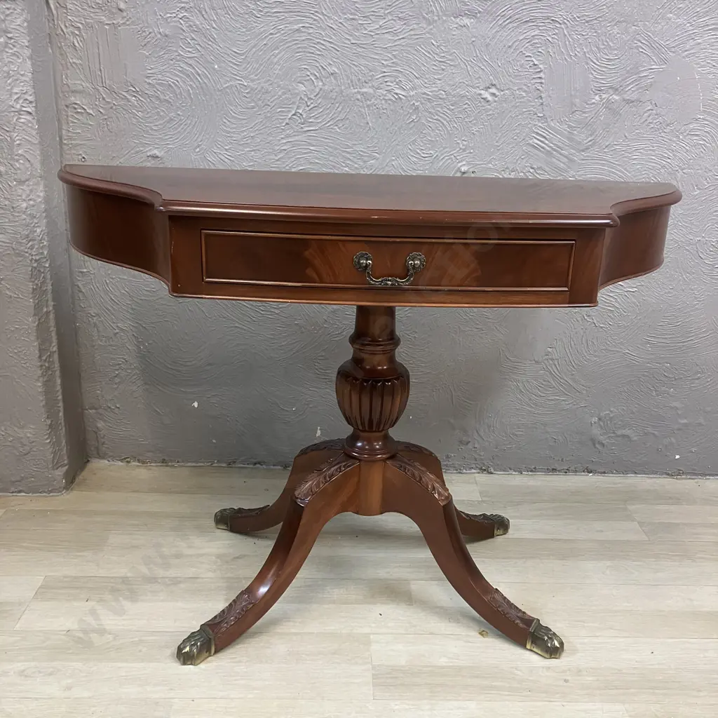 Mahogany Burr Side Table With Carved Pedestal Base & 4 Brass Claw Feet. H68 W103 D40.5cm Image 1++