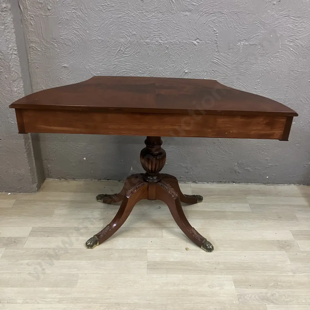Mahogany Burr Side Table With Carved Pedestal Base & 4 Brass Claw Feet. H68 W103 D40.5cm Image 1++